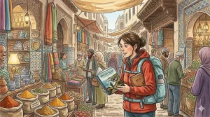 A hiker navigating a bustling, exotic street market in a historic city, holding a solo travel memoir book while exploring local culture.