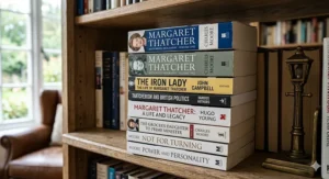 A stack of modern paperback Margaret Thatcher biography books on a bookshelf, showing various contemporary covers and authors.