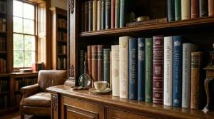 A row of modern royal biography books including memoirs of the Prince and Princess of Wales on a solid oak bookshelf.