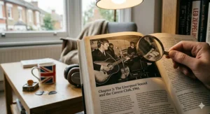 A close-up of an open music legend biography book showing a vintage black and white photograph of The Beatles performing at the Cavern Club in 1961.