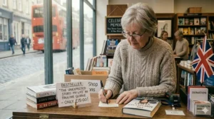 A hand-written price sign for a popular British celebrity memoir displayed on a wooden counter in a local bookshop.