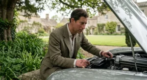 A photorealistic depiction of a young Prince Charles in a classic tweed blazer, working on a vintage car in the British countryside during his early years.