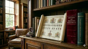 A velvet-bound book titled Letters of Princess Elizabeth next to a volume of The Queen’s Private Journal in a classic study setting.