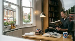 A man sitting in a bright British living room reading a Led Zeppelin biography, with a Union Jack mug and a view of a red double-decker bus through the window.