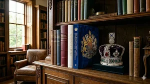 A luxury blue-bound book titled The Royal Collection: Diamond Jubilee Treasures displayed next to a replica of the Imperial State Crown.