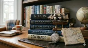 A collection of Royal Navy biography books and maritime history volumes on a dark oak desk, featuring a miniature sailing ship and an antique silver pocket watch in natural light.