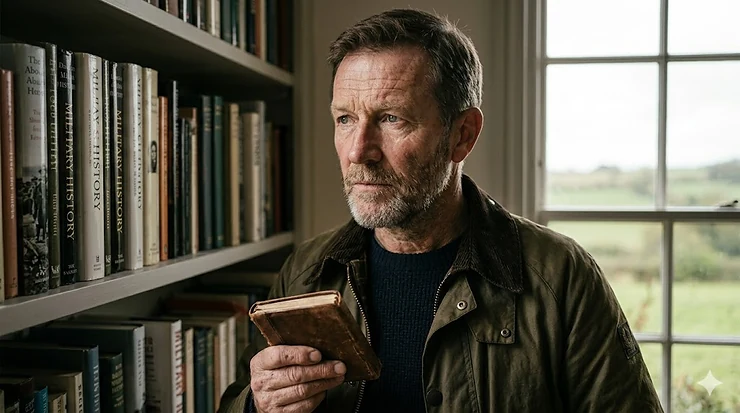 A close-up of a sand-coloured SAS beret and winged dagger badge resting on a wooden desk alongside a handwritten journal. sas soldier autobiography
