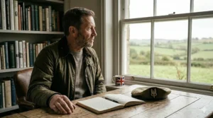 A silhouetted SAS soldier in tactical gear moving through a dark, atmospheric landscape during a night-time operation.