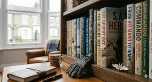 A high-detail photograph of special forces biography books focusing on the SAS and SBS, displayed with tactical gloves and a polished winged dagger insignia on a wooden study desk.