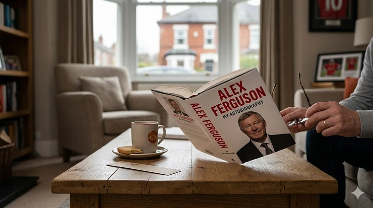Front cover of My Autobiography by Sir Alex Ferguson, featuring a portrait of the former Manchester United manager on a coffee table in a modern British living room. alex ferguson autobiography