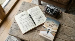 A flat-lay arrangement of a travel journal with hand-drawn sketches, a vintage camera, and a female-authored travel memoir.