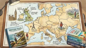 A panoramic, illustrated travelogue page of Europe with handwritten British English notes, featuring landmarks like Big Ben and the Colosseum.