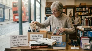 A person sorting celebrity memoirs into boxes for charity shop donations and bookshop stock in a British setting.