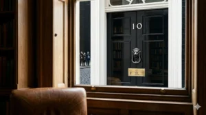 A photorealistic close-up of the iconic black door of 10 Downing Street, seen through a window from a comfortable reading room.