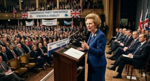 Margaret Thatcher delivering a keynote speech at a Conservative Party conference, a key focus for political biographers.