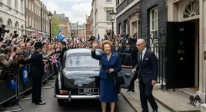 Margaret Thatcher outside 10 Downing Street in 1979, a landmark moment in British political history books.
