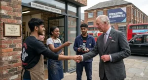 King Charles III shaking hands with young apprentices at a Prince's Trust workshop, showcasing his charitable work and support for UK youth employment.