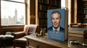 The official memoir "A Journey" by Tony Blair, representing modern British political history, set against a backdrop of the Palace of Westminster.