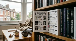 An infographic inside a book listing the top 10 best-selling music biographies in the UK, featuring legends like Freddie Mercury, Adele, and Oasis.