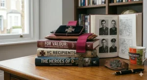 A selection of biography books telling the life stories of British Victoria Cross recipients, with two VC medals on velvet cushions and a cup of tea in a traditional study setting.