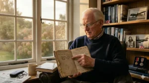A vintage RAF pilot’s flying logbook open on a desk with a fountain pen, showing handwritten entries of flight hours and missions.