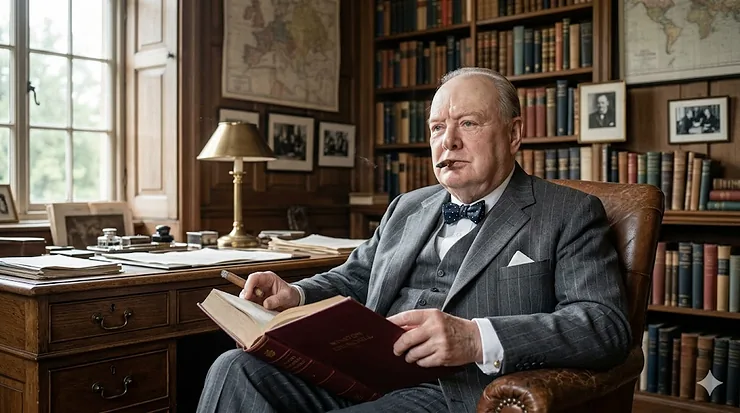 Alt text for image 1: A photorealistic portrait of Sir Winston Churchill in a wood-panelled study, wearing his signature bow tie and holding a cigar. winston churchill biography