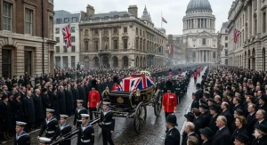 Alt text for image 9: The solemn state funeral procession of Sir Winston Churchill in London, featuring the gun carriage, Royal Navy sailors, and St Paul's Cathedral in the background.