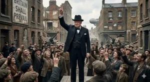 Alt text for image 5: Prime Minister Winston Churchill giving the V for Victory sign to a cheering crowd on a war-torn London street during the Second World War.