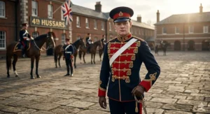 Alt text for image 2: A young Winston Churchill in the detailed dress uniform of the 4th Queen's Own Hussars, standing in a traditional British cavalry barracks.
