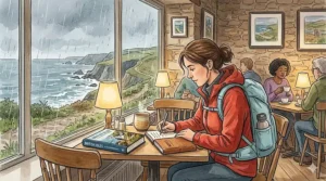 A female hiker in a red jacket writing in her travel journal inside a warm Cornish cafe with a solo travel memoir book on the table.