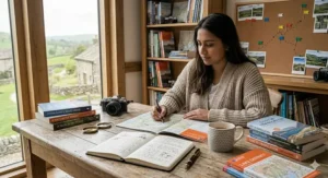 A writer at a wooden desk planning a journey with open maps, a fountain pen, and a collection of travel memoir paperbacks.