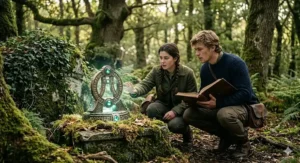 Two teenagers discovering a glowing ancient artefact in a magical forest clearing.