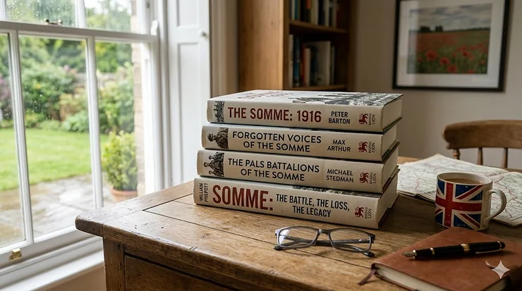 A collection of highly-rated military history books about the Battle of the Somme displayed on a wooden desk, highlighting key titles for students and enthusiasts. somme battle history books
