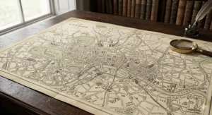 A curated selection of Victorian London history books featuring leather-bound antique volumes and modern non-fiction paperbacks on a dark wood library shelf.