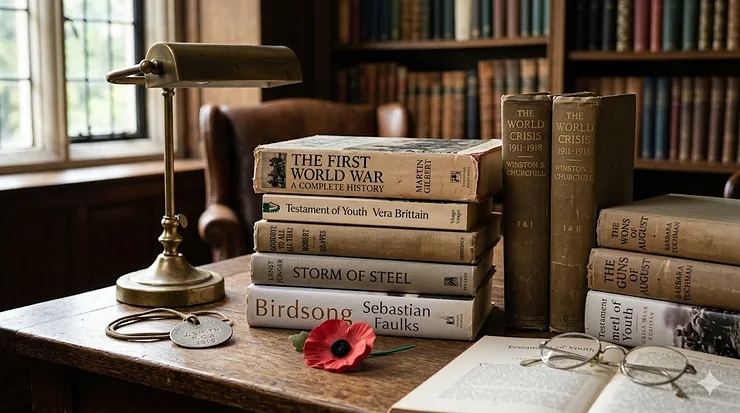 A curated stack of popular World War 1 books laid flat on a rustic wooden table, featuring classic British wartime memoirs like Testament of Youth by Vera Brittain and fiction like Birdsong by Sebastian Faulks, surrounded by several artificial remembrance poppies. world war 1 books