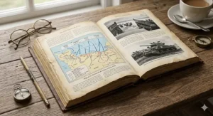 An open vintage history book on a rustic wooden table, showing a detailed map of the Normandy invasion beaches and historical photos, surrounded by research tools and a cup of tea.