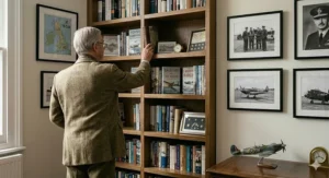 A gentleman selecting a book from a large wooden bookcase filled with technical and biographical volumes about the Royal Air Force.
