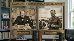 Portraits of Winston Churchill and British military commanders, highlighting leadership analysis books on the Dunkirk evacuation.