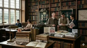 A row of thick, modern non-fiction reference books about the political and military history of the 1914 to 1918 conflict, including titles by British historians like Max Hastings and A.J.P. Taylor on a library shelf.