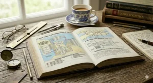 A detailed open history book titled 'The Home Front: D-Day Preparations in the UK', displaying a colored schematic chart of the 'Buildup in Southern England: Assembly Areas & Logistics flow' on a rustic wooden table.