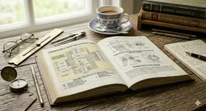 A detailed open history book titled 'Codebreaking & Deception: Bletchley Park's Role in D-Day', displaying a schematic chart of 'The Ultra Traffic' on a rustic wooden table.