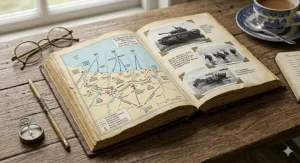 An open vintage history book detailing British D-Day accounts of Sword and Gold beaches with maps and archival photos of troops and tanks, resting on a rustic wooden desk with research items.