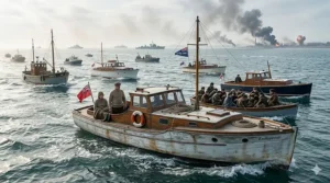 A dramatic painting of British civilian Little Ships crossing the English Channel, featured in a historical book about the Dunkirk evacuation.
