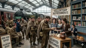 An illustration of volunteers welcoming evacuated British soldiers at a UK train station, a key theme in Dunkirk evacuation social history books.