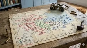 A detailed military map from a history book showing the British Expeditionary Force defence perimeter and evacuation routes at Dunkirk harbour.