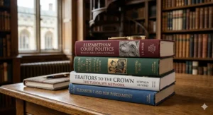Alt text for image 4: Illustrated covers of books detailing the political intrigue of the Tudor court, including the influence of William Cecil and Robert Dudley.