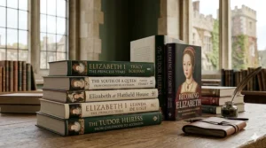 Alt text for image 2: A stack of history books focusing on the early life of Elizabeth I and her time at Hatfield House before her accession.