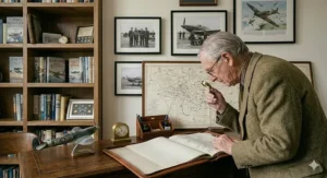A close-up of a man using a magnifying glass to study a detailed map of the Battle of Britain airspace and sector stations.