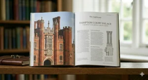 A coffee table book open to a high-resolution photograph of Hampton Court Palace’s Tudor brickwork and chimneys.