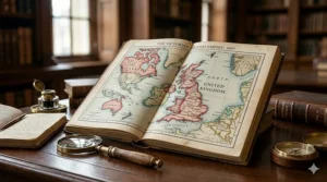 An open historical atlas showing a detailed map of the British Isles during the Victorian era, used as a reference in history books.